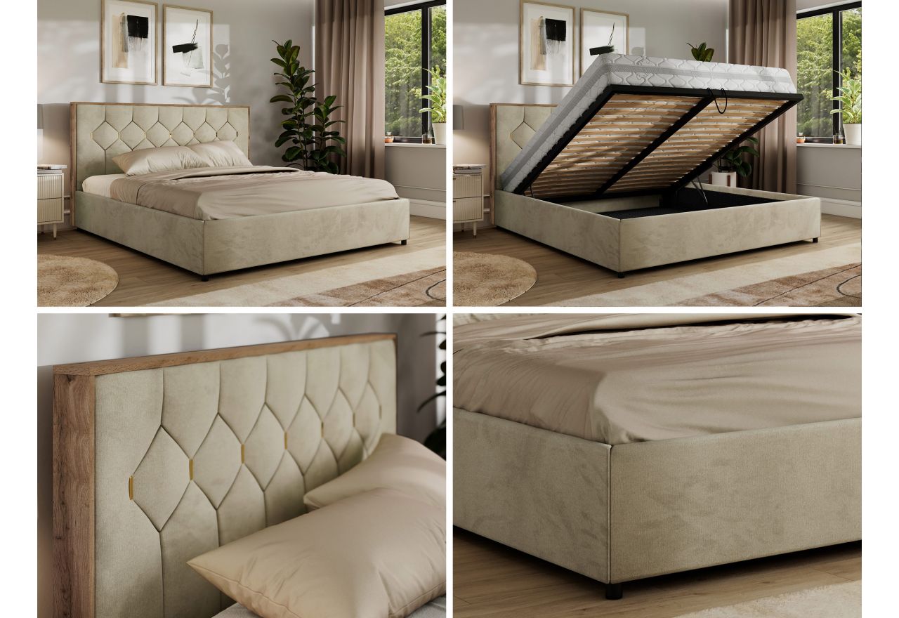Łóżko tapicerowane LARINO CLASSIC 200x200 - materac multipocket - beżowy, welwet