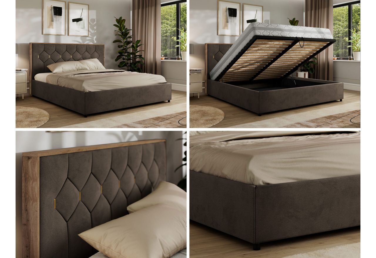 Łóżko tapicerowane LARINO CLASSIC 200x200 - materac multipocket - brązowy, welwet