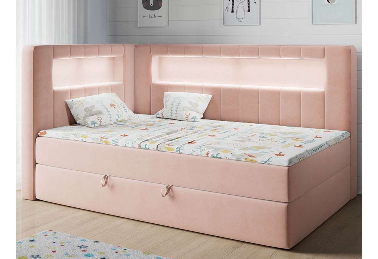 Luksusowe łóżko jednoosobowe kontynentalne z pojemnikiem i oświetleniem LED - JUNIOR GOLD 3 Magic Velvet 2253