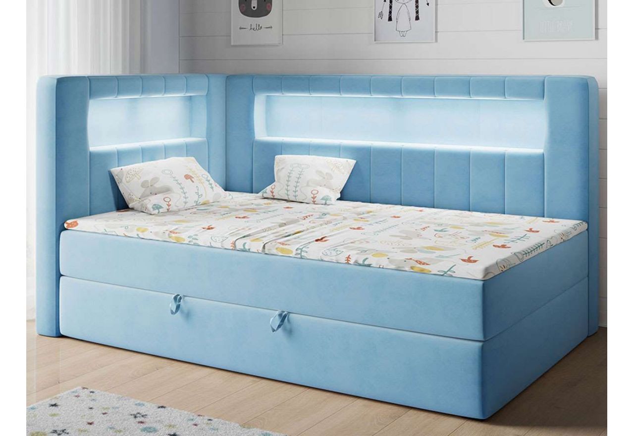 Niebieskie, kontynentalne łóżko pojedyncze z oświetleniem i opcją wyboru materaca - JUNIOR GOLD 3 Magic Velvet 2260