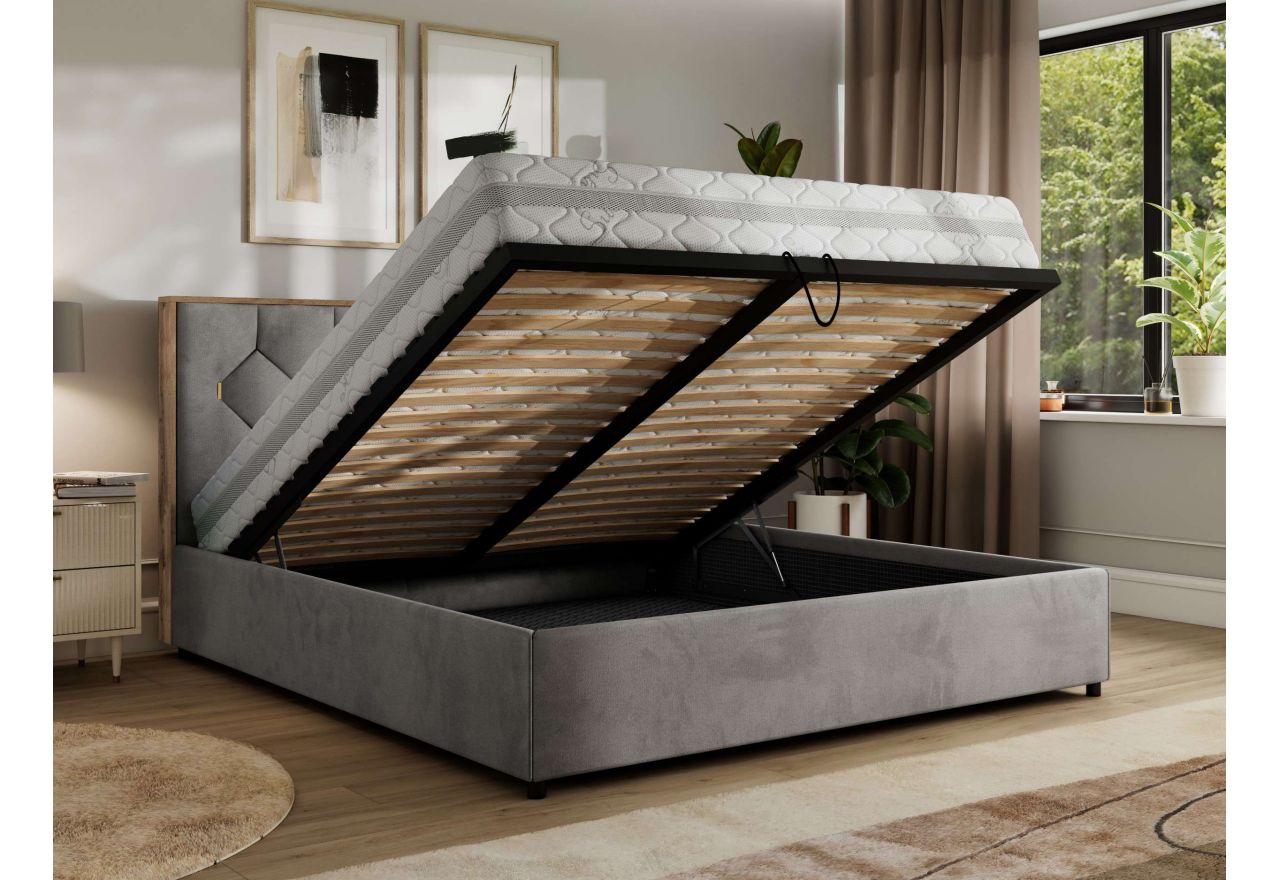 Łóżko tapicerowane LARINO CLASSIC 160x200 - materac multipocket - jasnoszary, welwet