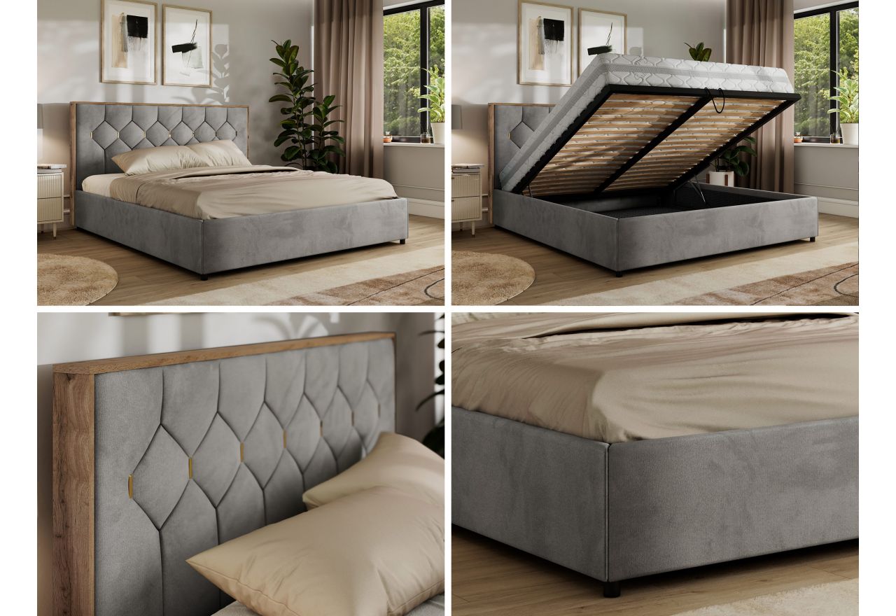 Łóżko tapicerowane LARINO CLASSIC 160x200 - materac multipocket - jasnoszary, welwet