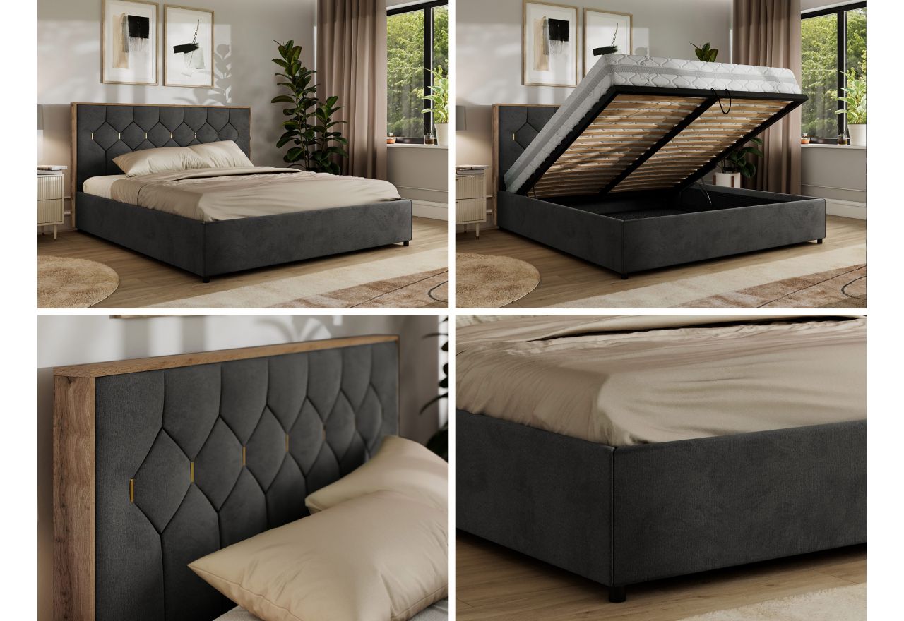 Łóżko tapicerowane LARINO CLASSIC 160x200 - materac pocket - ciemnoszary, welwet