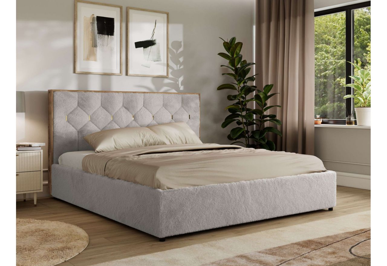 Łóżko tapicerowane LARINO CLASSIC 160x200 - materac multipocket - jasnoszary, plusz