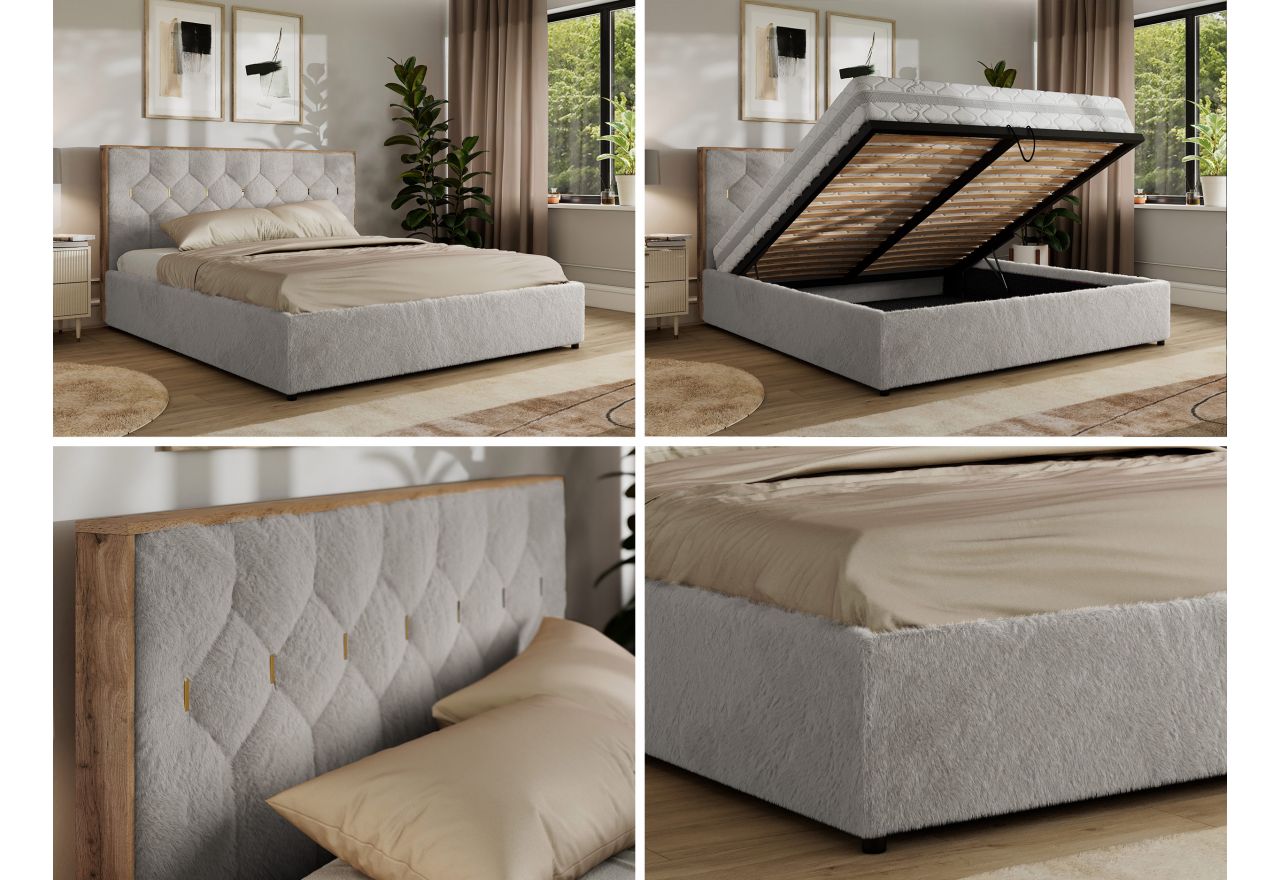 Łóżko tapicerowane LARINO CLASSIC 160x200 - materac multipocket - jasnoszary, plusz