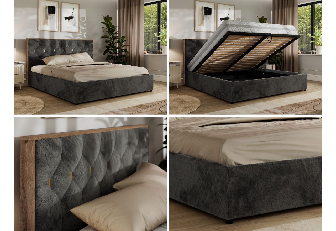 Łóżko tapicerowane LARINO CLASSIC 200x200 - materac multipocket - ciemnoszary, plusz