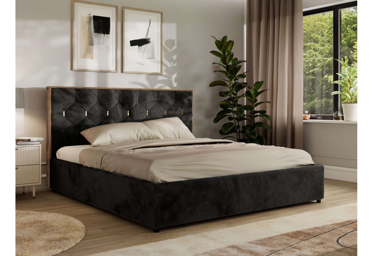 Łóżko tapicerowane LARINO CLASSIC 180x200 - materac pocket - czarny, plusz