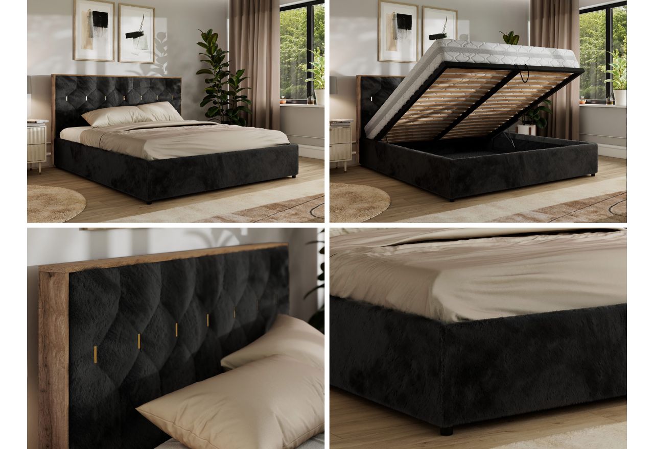 Łóżko tapicerowane LARINO CLASSIC 200x200 - materac pocket - czarny, plusz