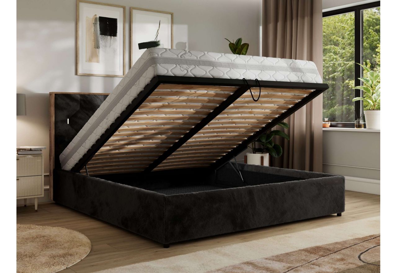 Łóżko tapicerowane LARINO CLASSIC 180x200 - materac multipocket - czarny, plusz