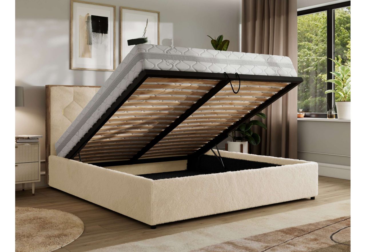 Łóżko tapicerowane LARINO CLASSIC 200x200 - materac piankowy - kremowy, plusz