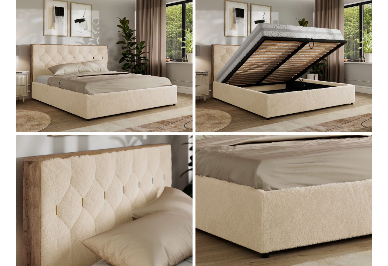 Łóżko tapicerowane LARINO CLASSIC 160x200 - materac pocket - kremowy, plusz