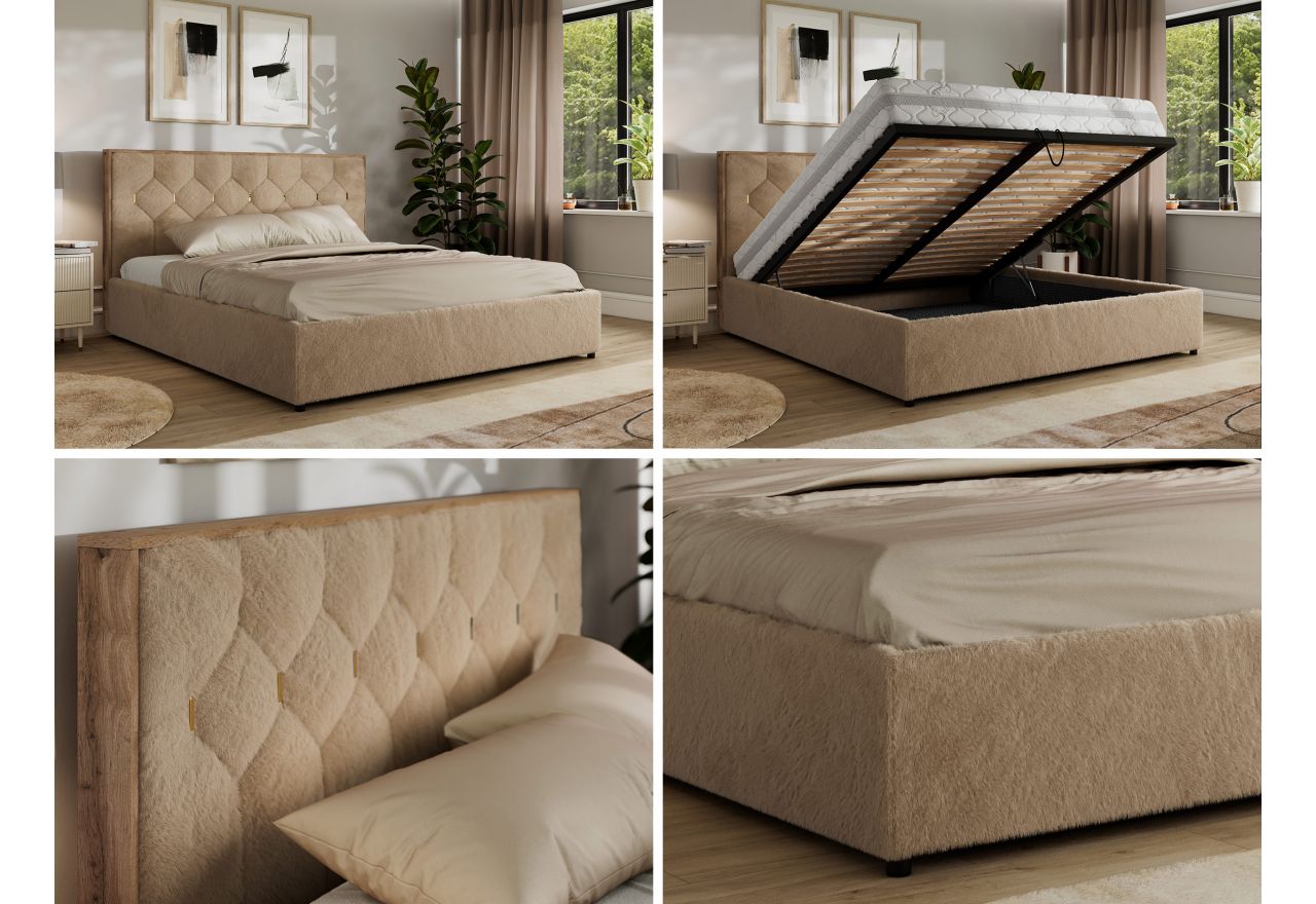 Łóżko tapicerowane LARINO CLASSIC 160x200 - materac multipocket - beżowy, plusz