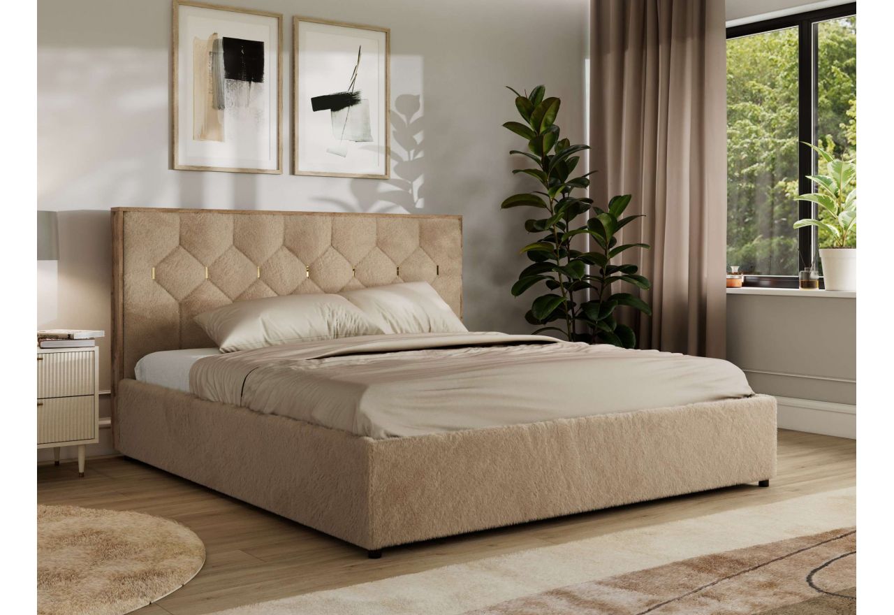 Łóżko tapicerowane LARINO CLASSIC 200x200 - materac multipocket - beżowy, plusz