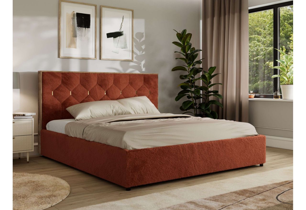 Łóżko tapicerowane LARINO CLASSIC 160x200 - materac multipocket - pomarańczowy, plusz
