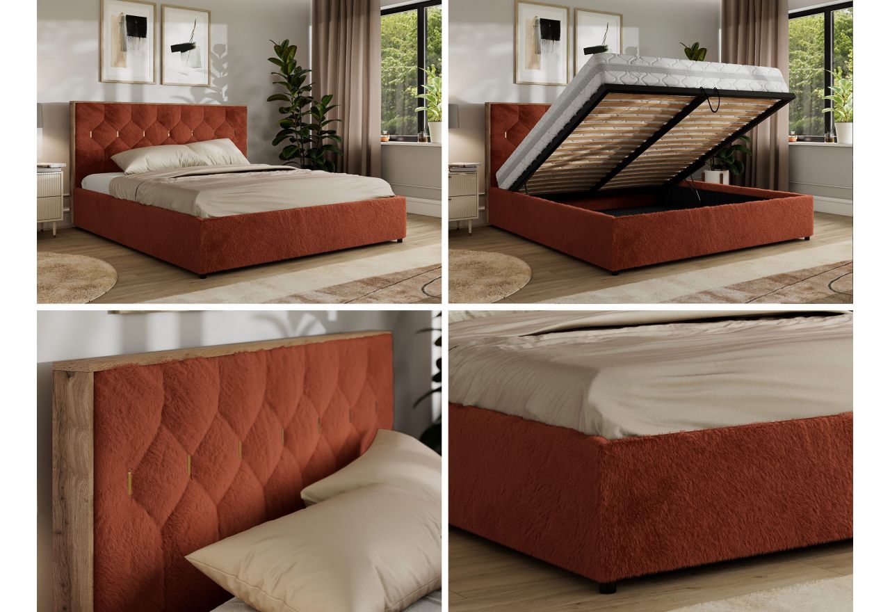 Łóżko tapicerowane LARINO CLASSIC 160x200 - materac multipocket - pomarańczowy, plusz