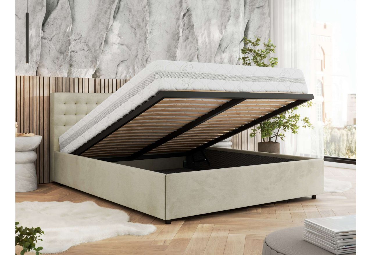 Łóżko tapicerowane PAVO CLASSIC 160x200 - materac piankowy - beżowy, welwet