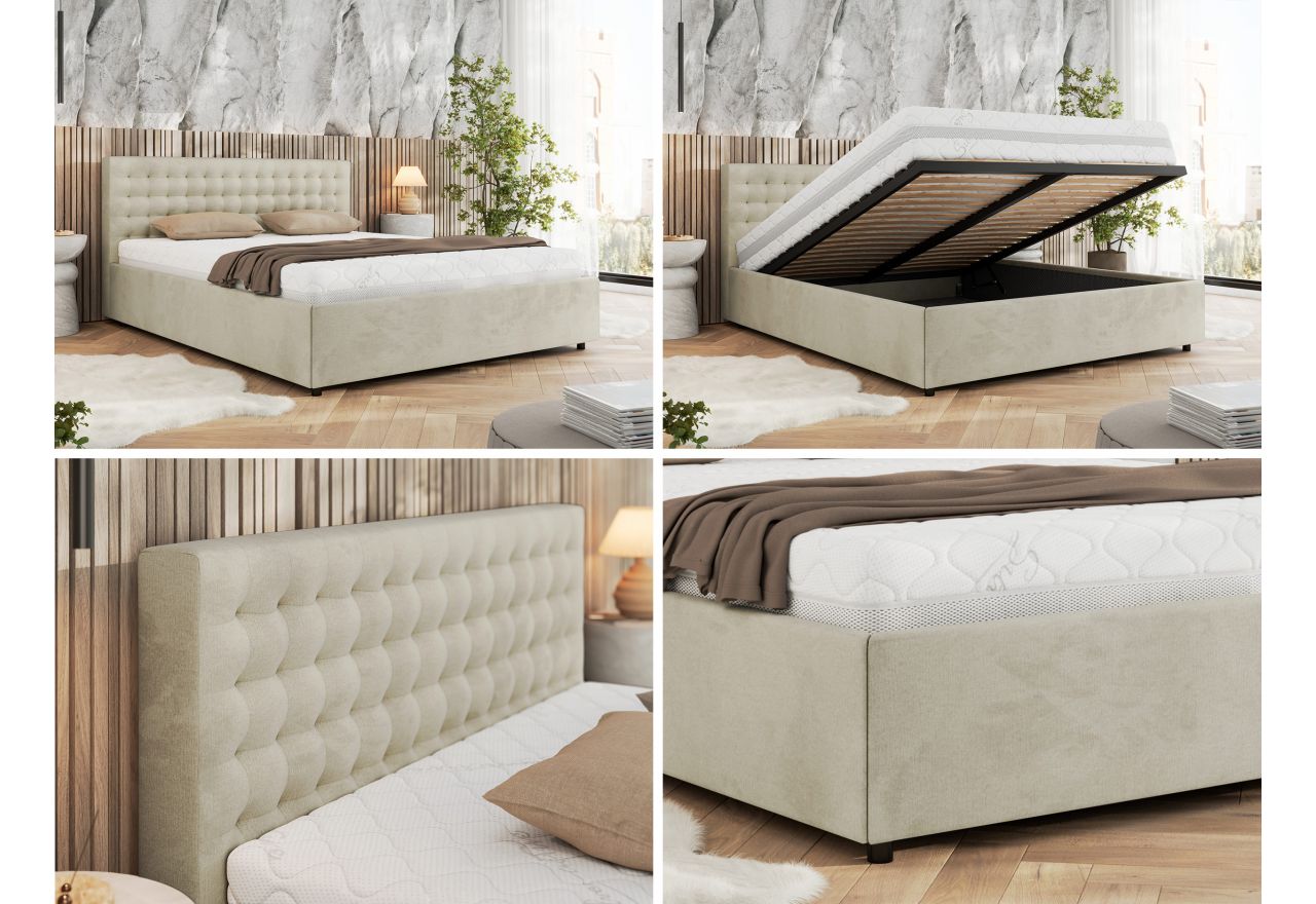 Łóżko tapicerowane PAVO CLASSIC 160x200 - materac piankowy - beżowy, welwet