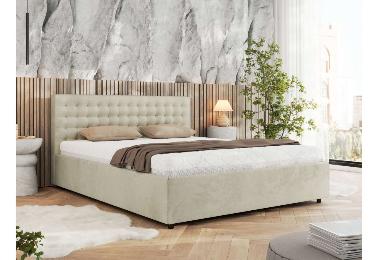 Łóżko tapicerowane PAVO CLASSIC 180x200 - materac piankowy - beżowy, welwet
