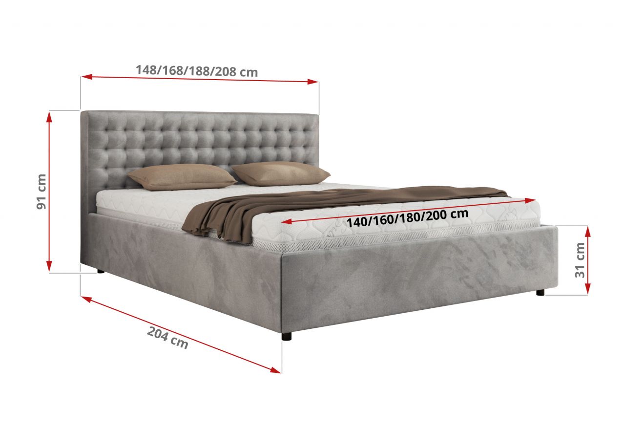 Łóżko tapicerowane PAVO CLASSIC 180x200 - materac pocket - jasnoszary, welwet
