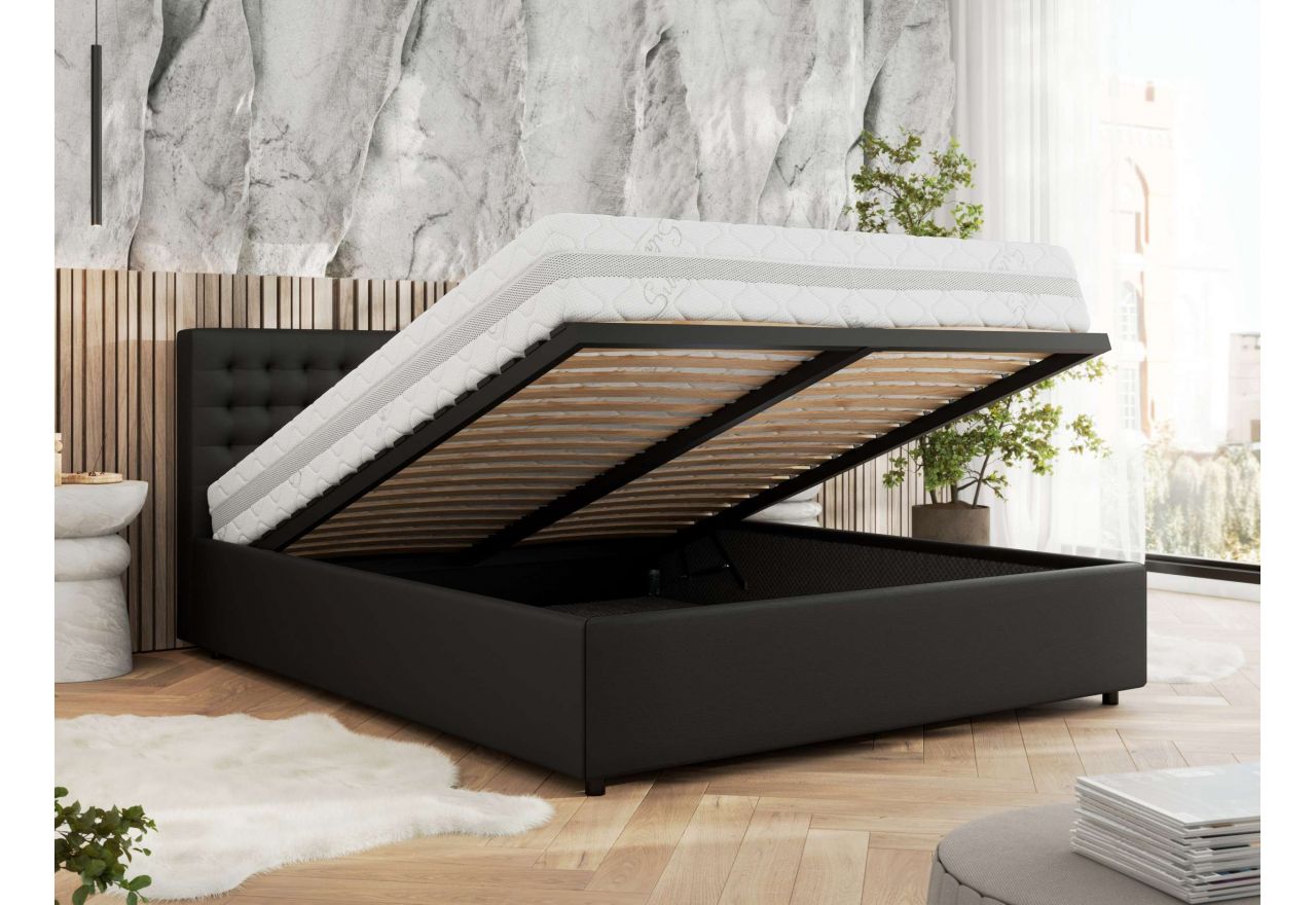 Łóżko tapicerowane PAVO CLASSIC 160x200 - materac piankowy - czarny, ekoskóra