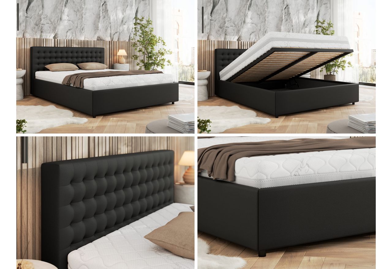 Łóżko tapicerowane PAVO CLASSIC 140x200 - materac multipocket - czarny, ekoskóra