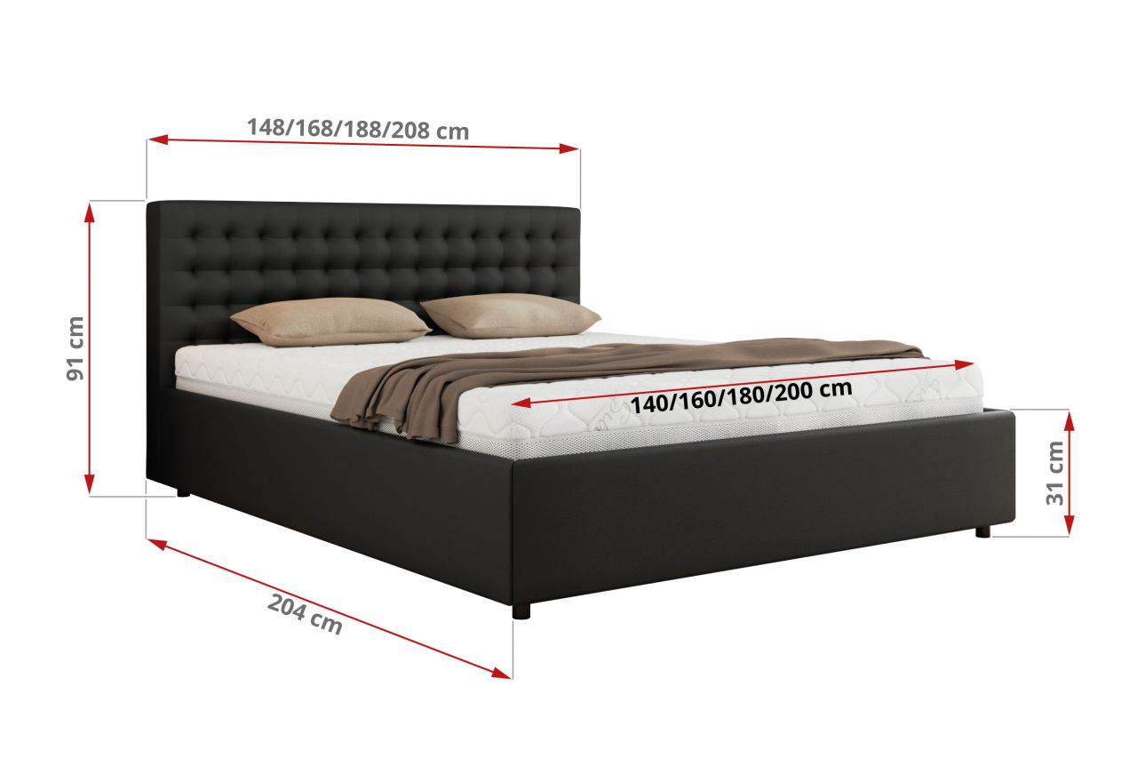 Łóżko tapicerowane PAVO CLASSIC 140x200 - materac multipocket - czarny, ekoskóra