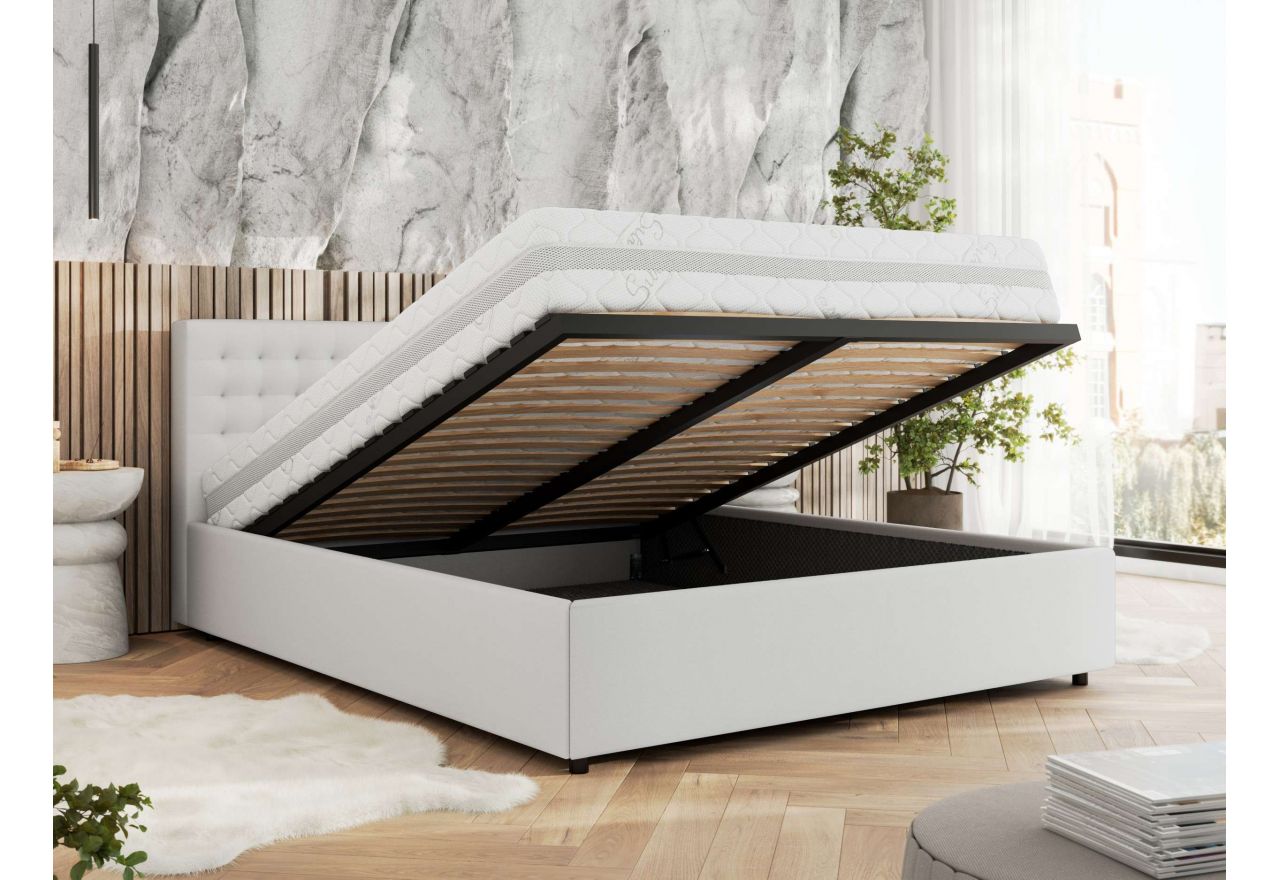 Łóżko tapicerowane PAVO CLASSIC 160x200 - materac piankowy - biały, ekoskóra