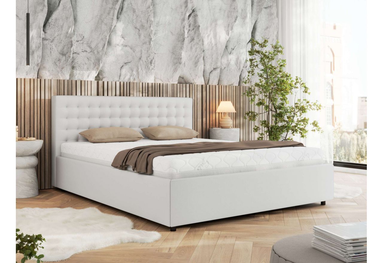 Łóżko tapicerowane PAVO CLASSIC 160x200 - materac pocket - biały, ekoskóra