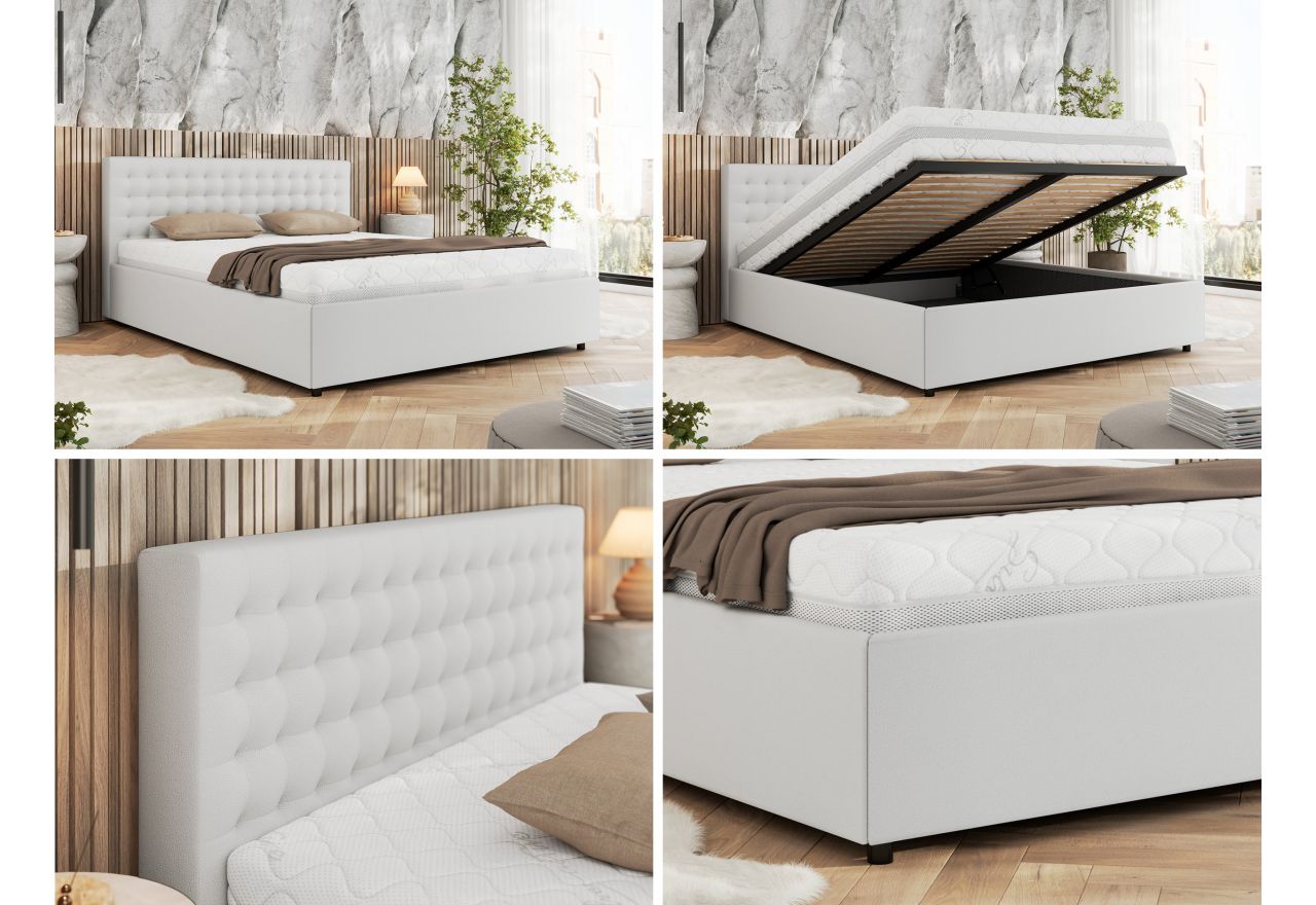 Łóżko tapicerowane PAVO CLASSIC 160x200 - materac multipocket - biały, ekoskóra