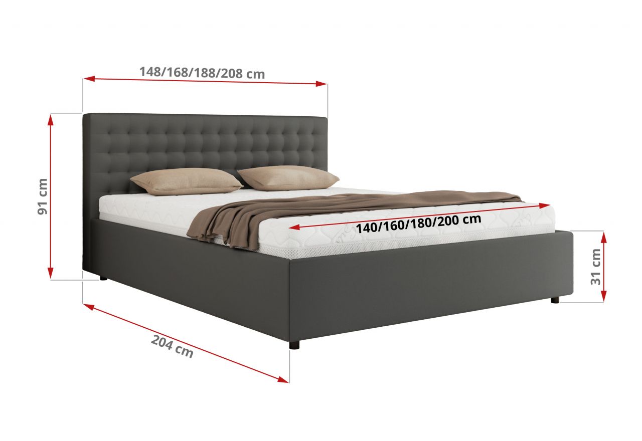 Łóżko tapicerowane PAVO CLASSIC 200x200 - materac pocket - szary, ekoskóra