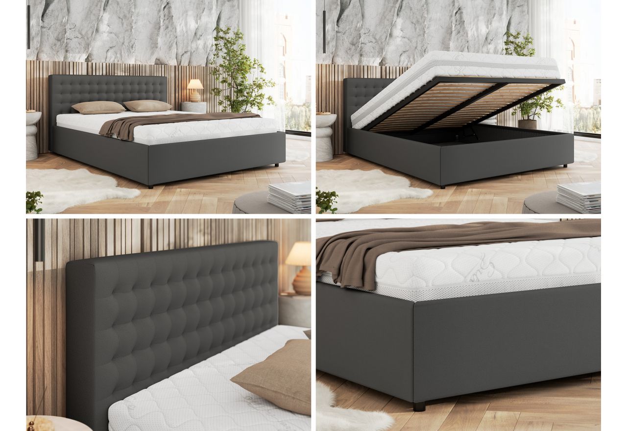 Łóżko tapicerowane PAVO CLASSIC 200x200 - materac multipocket - szary, ekoskóra