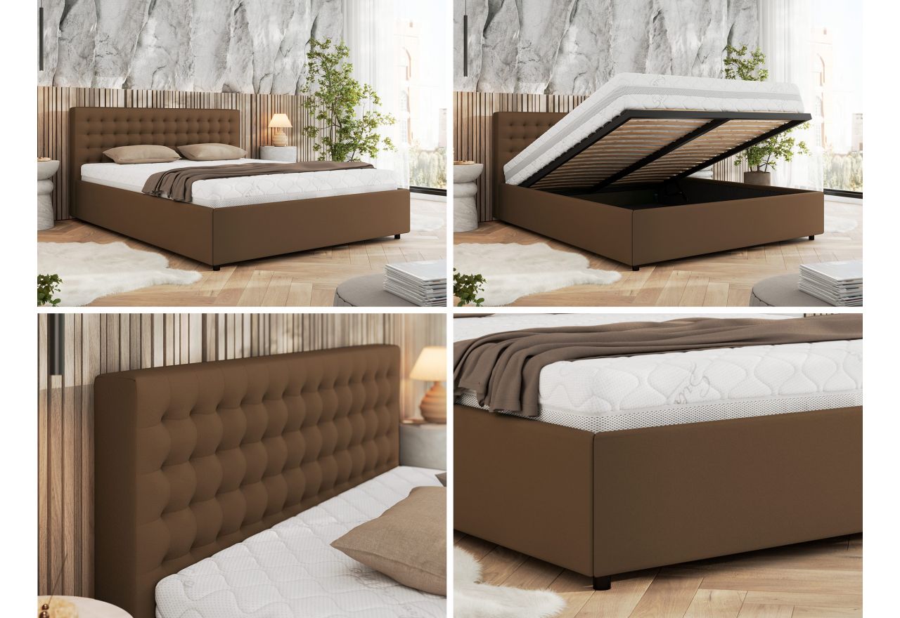Łóżko tapicerowane PAVO CLASSIC 200x200 - materac piankowy - brązowy, ekoskóra