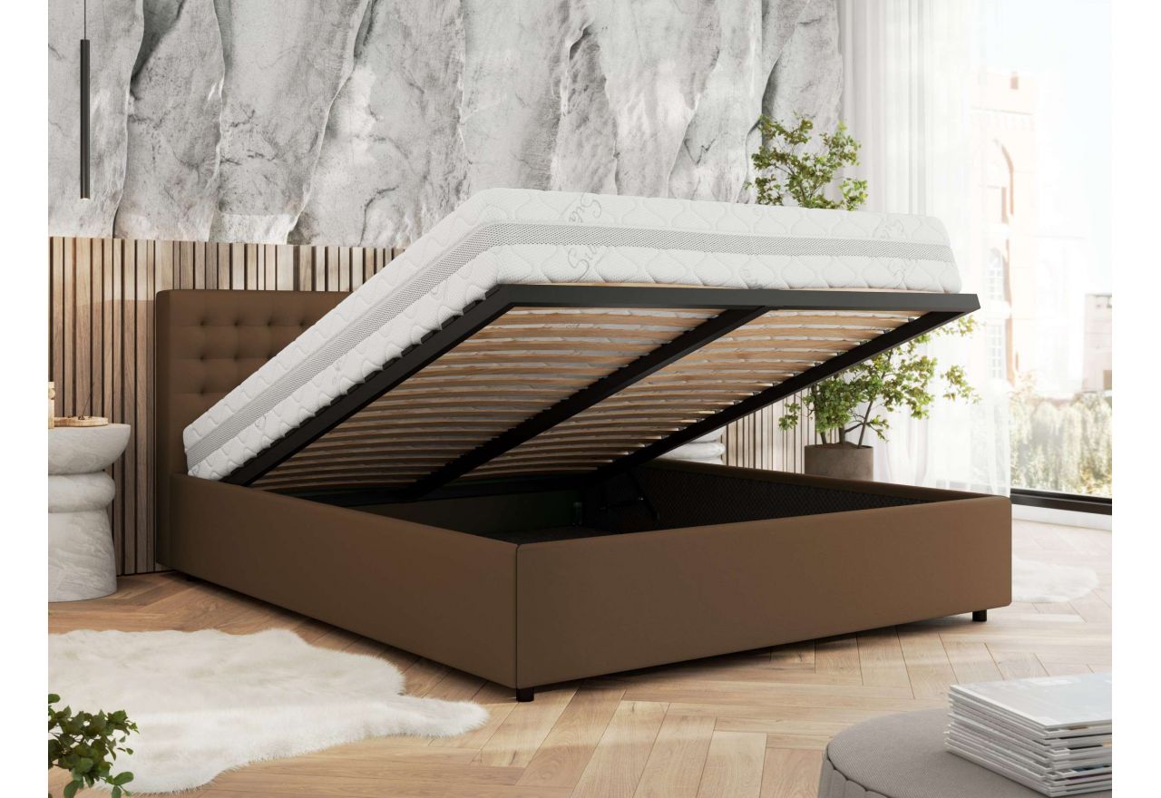 Łóżko tapicerowane PAVO CLASSIC 160x200 - materac multipocket - brązowy, ekoskóra