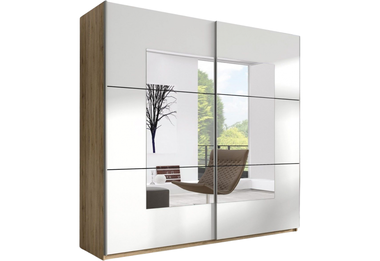 Przestronna, praktyczna szafa z dwoma drzwiami przesuwnymi, 221 cm z lustrem do sypialni - JOTA - San remo / Biały