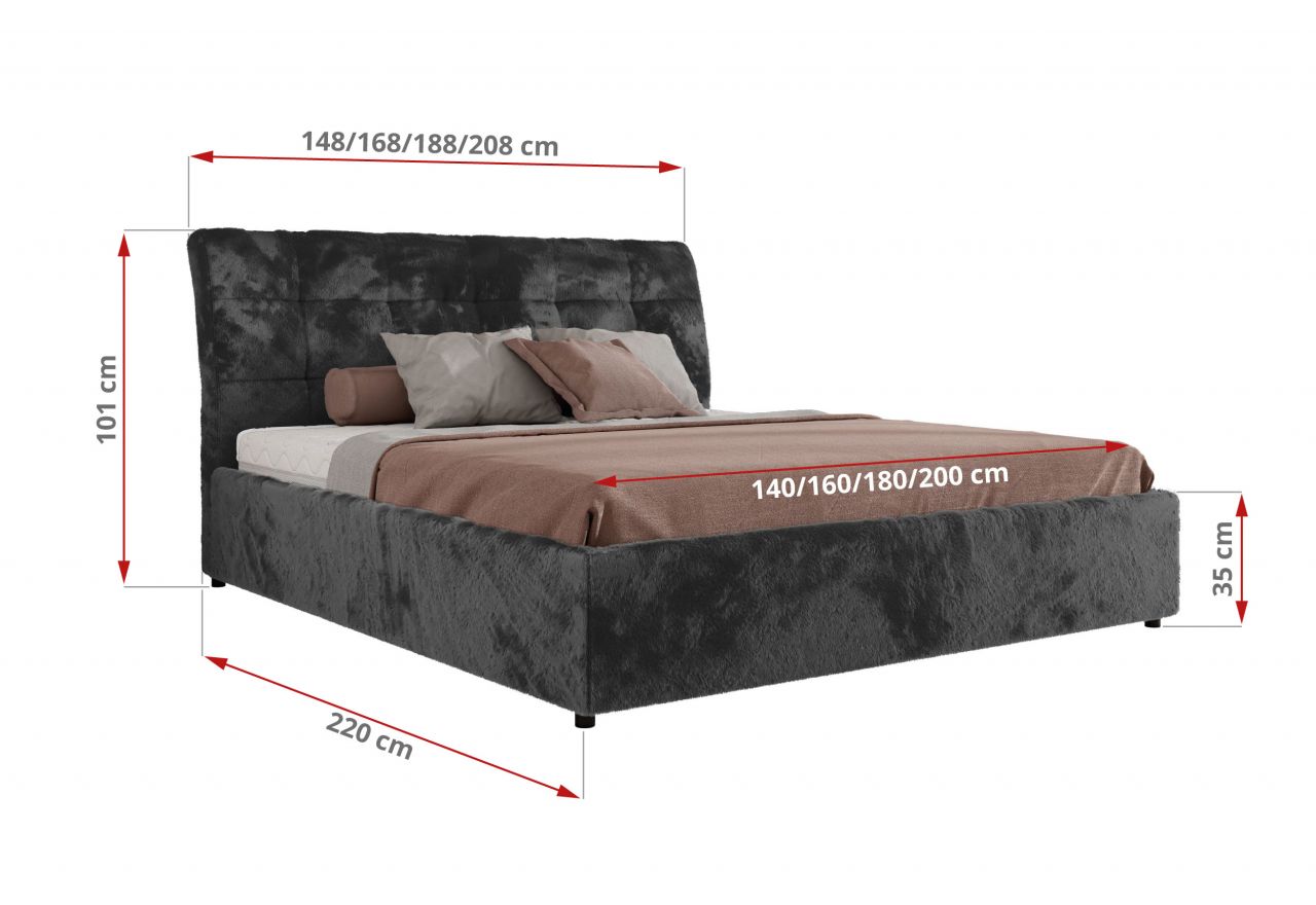 Łóżko tapicerowane GALA CLASSIC 180x200 - materac piankowy - ciemnoszary, plusz
