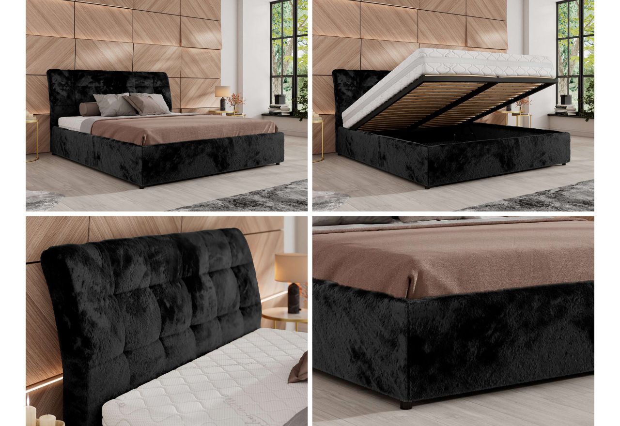 Łóżko tapicerowane GALA CLASSIC 180x200 - materac pocket - czarny, plusz