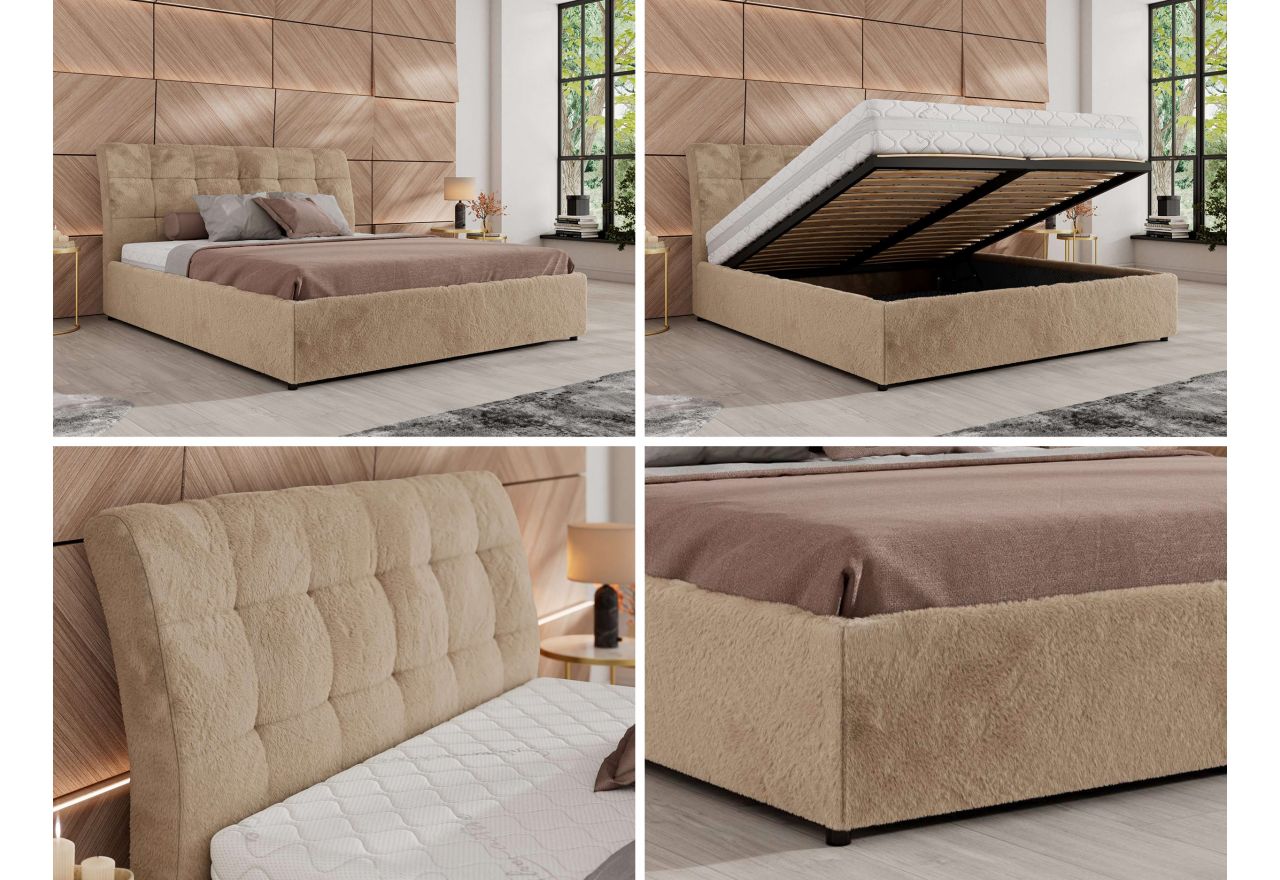 Łóżko tapicerowane GALA CLASSIC 200x200 - materac multipocket - beżowy, plusz