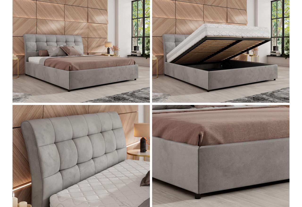 Łóżko tapicerowane GALA CLASSIC 180x200 - materac pocket - jasnoszary, welwet