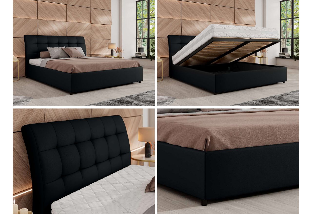 Łóżko tapicerowane GALA CLASSIC 160x200 - materac multipocket - czarny, ekoskóra
