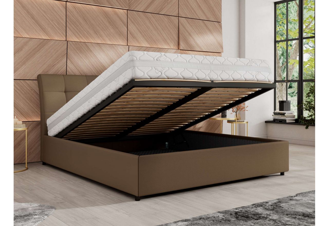 Łóżko tapicerowane GALA CLASSIC 200x200 - materac multipocket - brązowy, ekoskóra