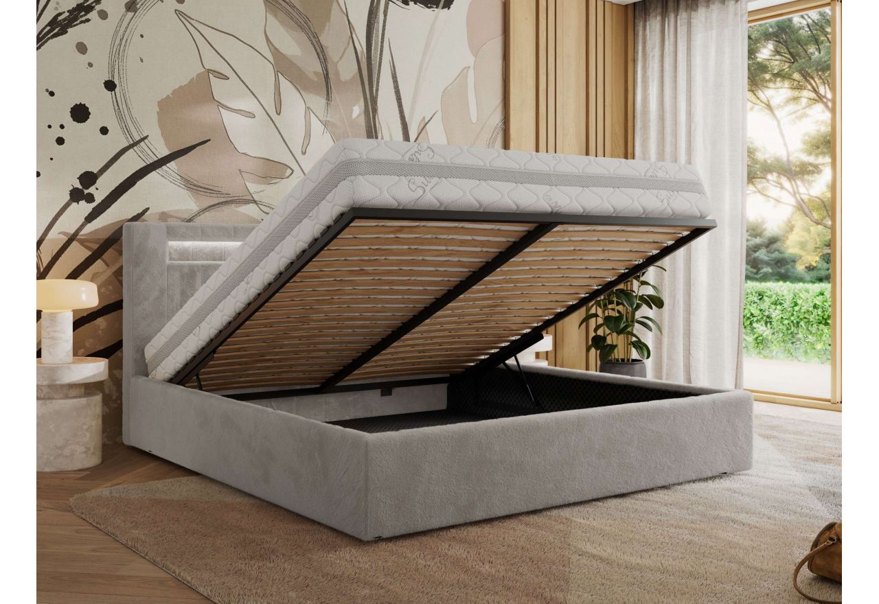 Łóżko tapicerowane GOLD 5 CLASSIC 140x200 - materac piankowy - jasnoszary, plusz