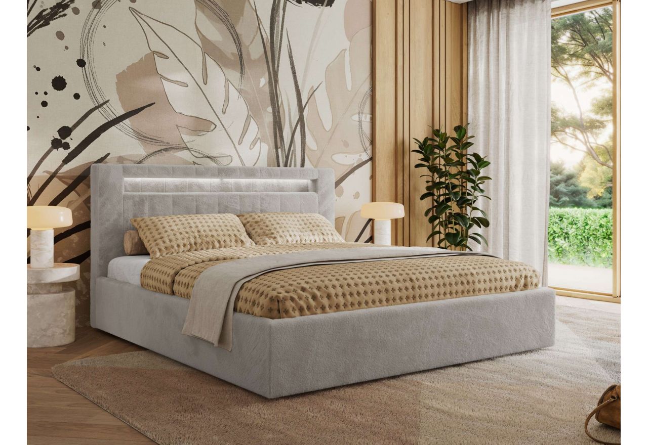 Łóżko tapicerowane GOLD 5 CLASSIC 140x200 - materac pocket - jasnoszary, plusz