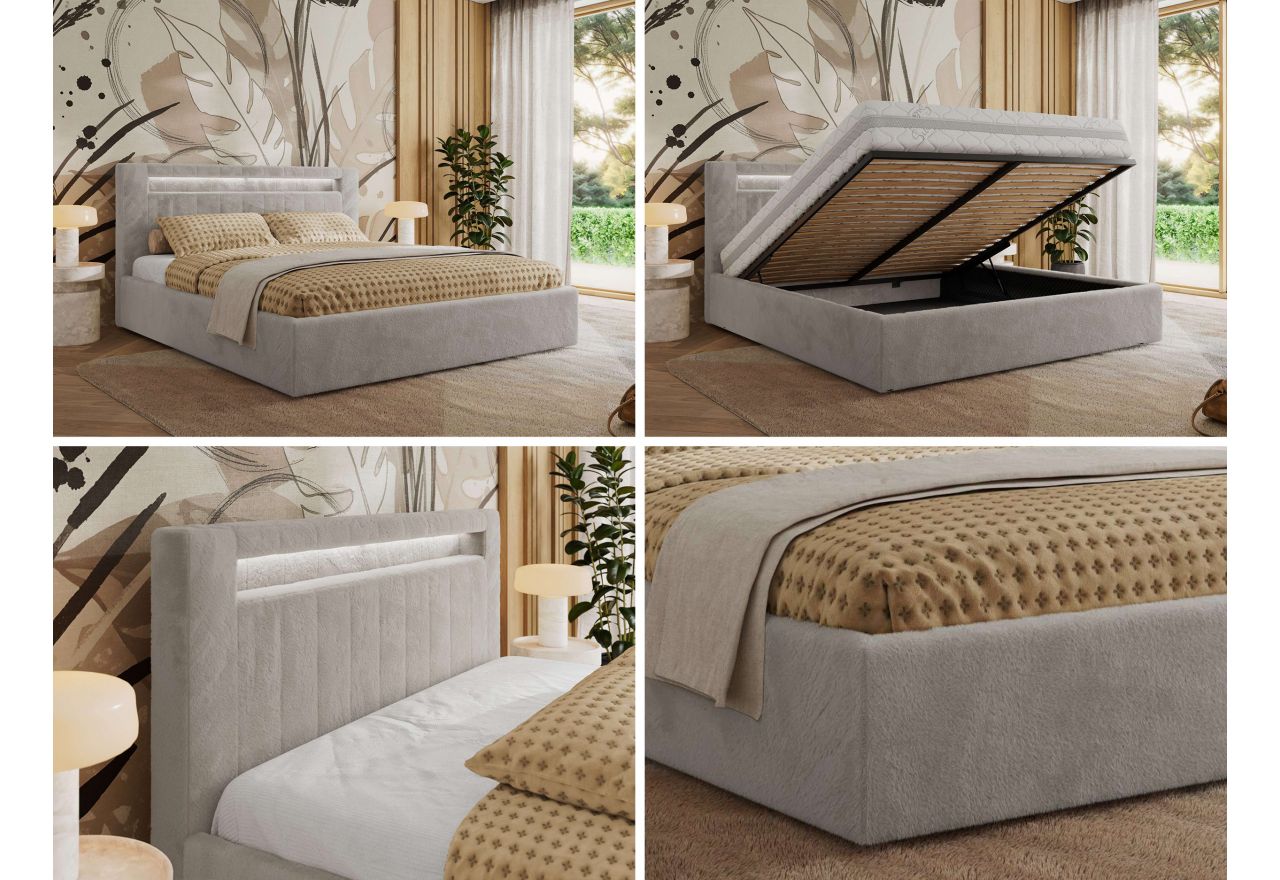 Łóżko tapicerowane GOLD 5 CLASSIC 160x200 - materac pocket - jasnoszary, plusz