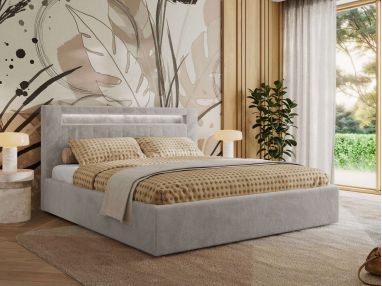 Łóżko tapicerowane GOLD 5 CLASSIC 180x200 - materac pocket - jasnoszary, plusz