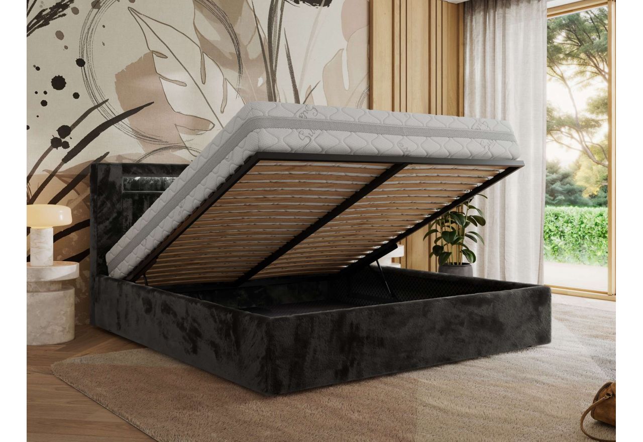 Łóżko tapicerowane GOLD 5 CLASSIC 160x200 - materac piankowy - ciemnoszary, plusz