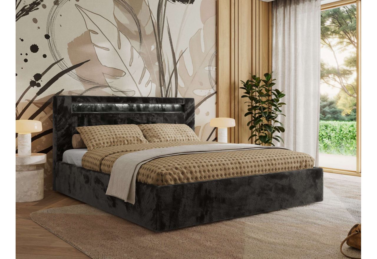 Łóżko tapicerowane GOLD 5 CLASSIC 160x200 - materac pocket - ciemnoszary, plusz