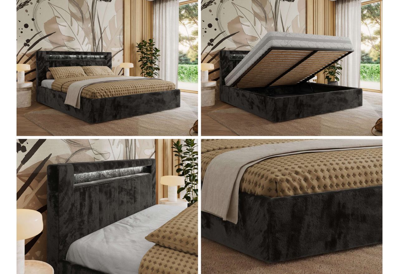 Łóżko tapicerowane GOLD 5 CLASSIC 180x200 - materac pocket - ciemnoszary, plusz