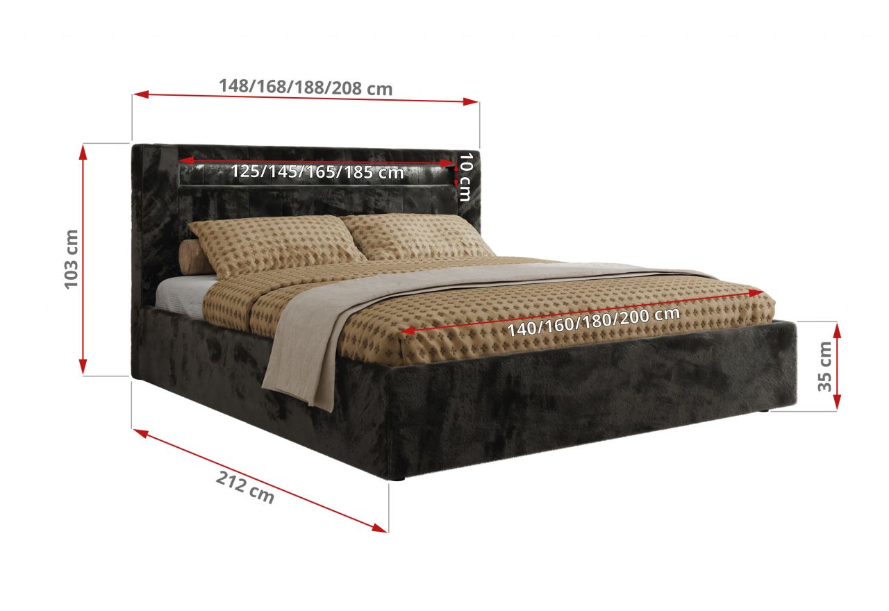 Łóżko tapicerowane GOLD 5 CLASSIC 200x200 - materac pocket - ciemnoszary, plusz