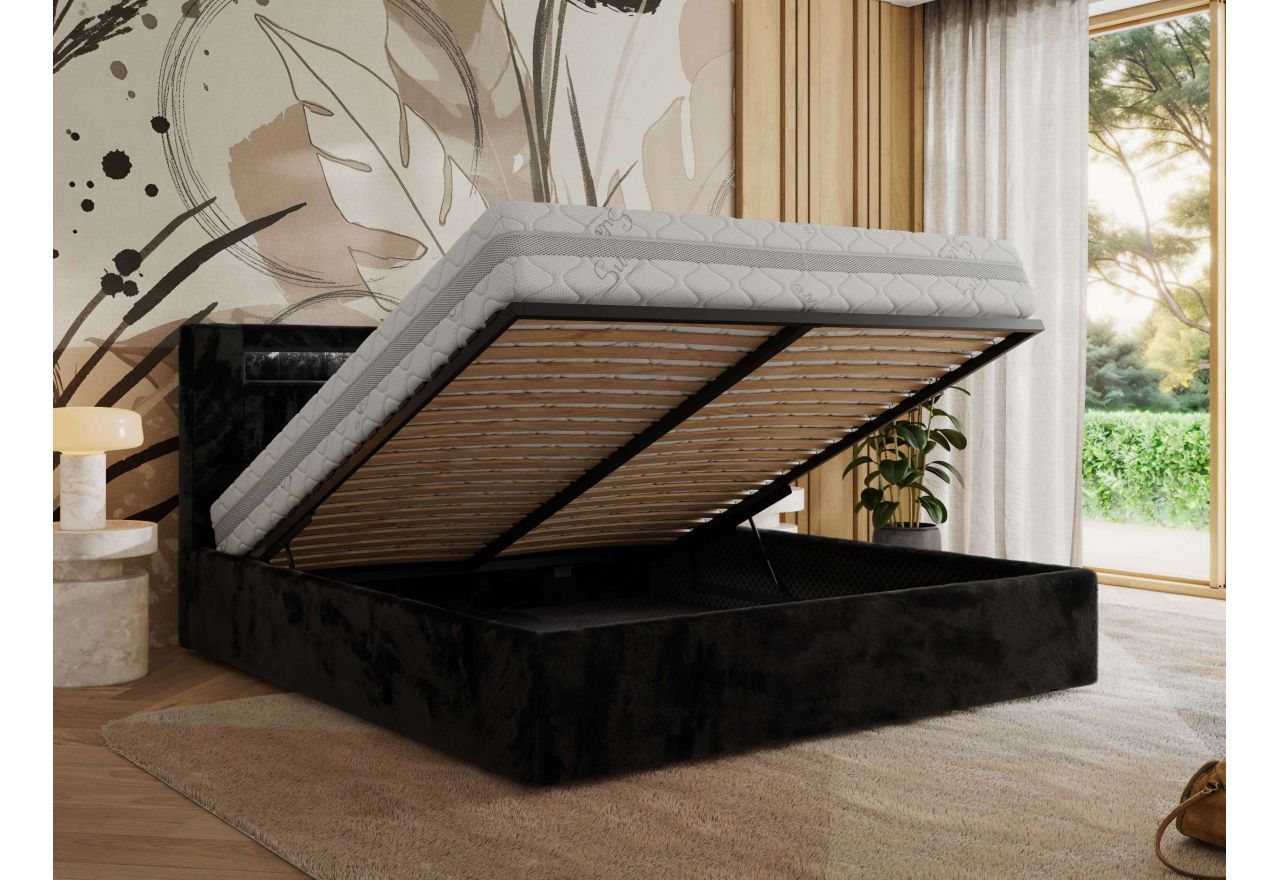 Łóżko tapicerowane GOLD 5 CLASSIC 180x200 - materac piankowy - czarny, plusz