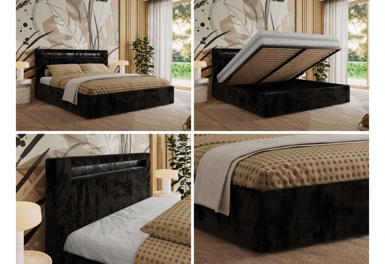 Łóżko tapicerowane GOLD 5 CLASSIC 180x200 - materac piankowy - czarny, plusz